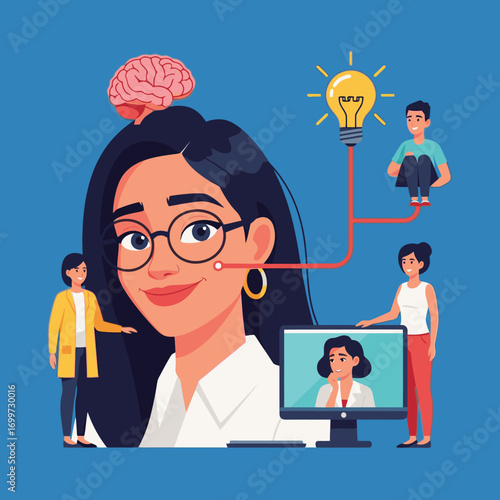 Conceptual Illustration of a Woman with Brain and Lightbulb Connections, Symbolizing Mental Clarity