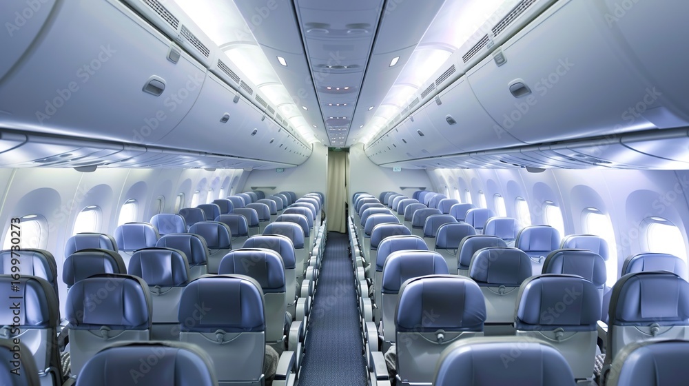 Fototapeta premium Economy Class Images, showing scenes such as the seat layout of economy class in civil aviation airliners, economy class perspective by the porthole, economy class catering service, and economy class