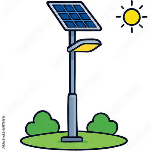 Modern solar-powered street lamp with panels and a bright sun shining above green bushes