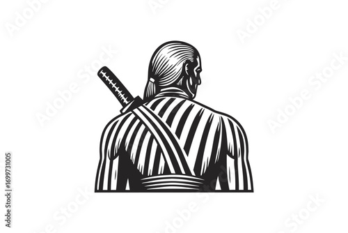 Back View of Asian Warrior Man with Katana Sword on White Background
