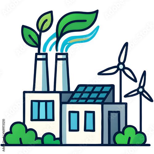 Sustainable Industrial Factory with Wind Turbines and Solar Panels Representing Green Energy and Environmental Protection