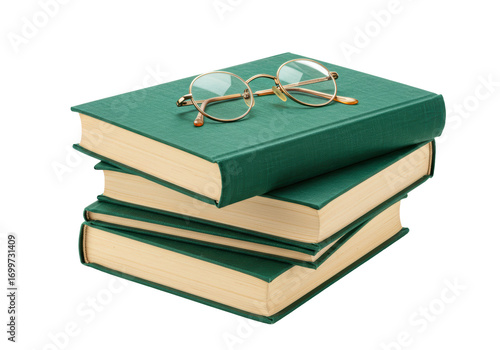Isolated stack of three antique green books with antique glasses on top, old literature