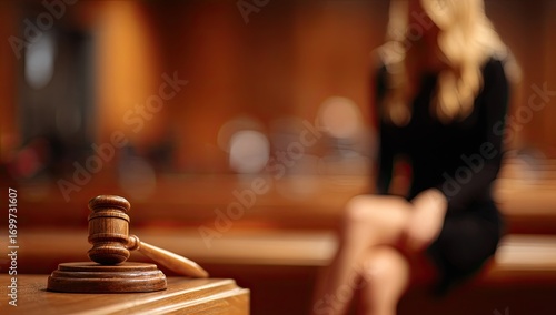 Wooden gavel on a table in a courtroom. Blurry woman in background