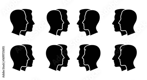 Eight pairs of black human head profiles facing each other in two rows on a white background.