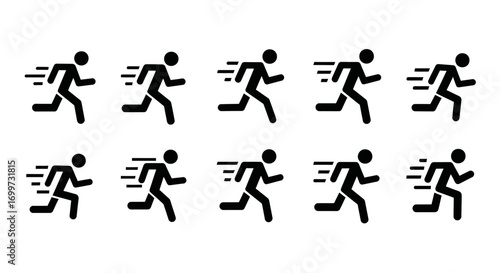 Black and white icons depicting multiple stick figures in various running poses with speed lines, illustrating motion and speed.