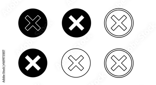 A set of six circular 'X' mark icons in black and white, showcasing various filled and outline styles for web and graphic design.