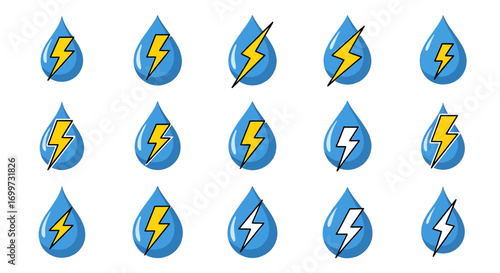Fifteen variations of a water drop and lightning bolt icon.