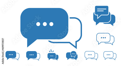 A collection of blue and white speech bubble icons representing digital communication, chat, and messaging interfaces.