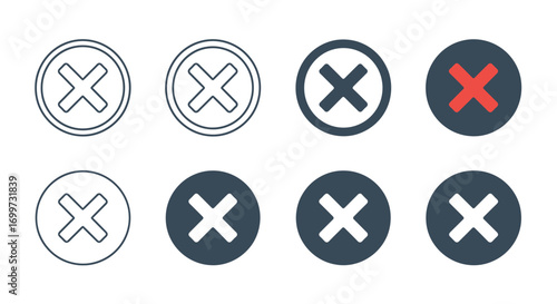 A collection of eight circular icons featuring a white 'X' symbol, with variations in outline, fill, and color.