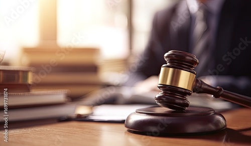Gavel on a desk, legal documents, blurred person