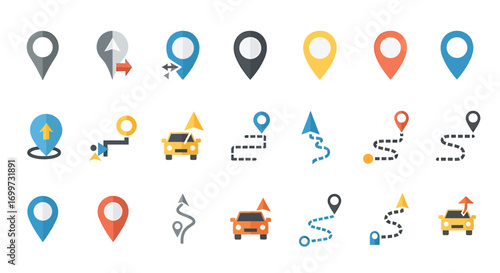 A collection of colorful flat design icons representing navigation, location, routes, and travel, including map pins, path lines, and cars.