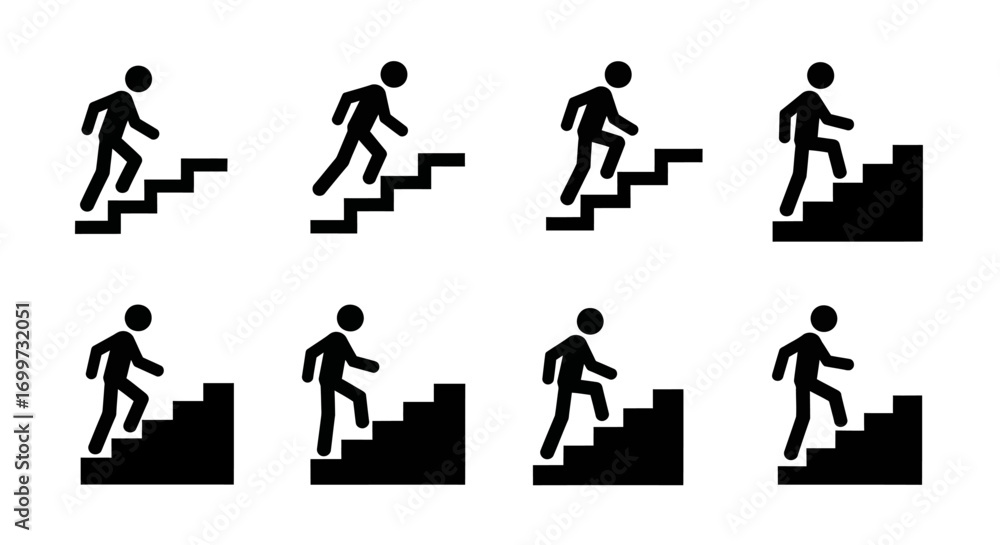 Naklejka premium Eight variations of a person climbing stairs icon.