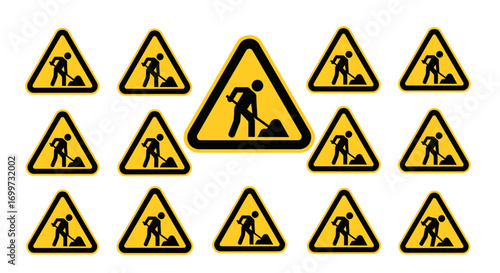 A collection of yellow triangular warning signs, each depicting a black silhouette of a person digging with a shovel, indicating road work or construction ahead.