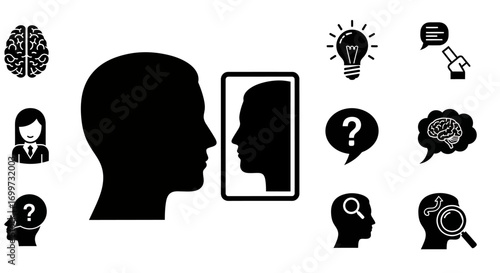 Silhouette of a person looking at a reflection, with icons representing thought and ideas.