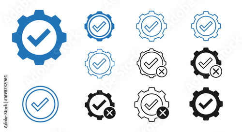 A collection of gear and checkmark icons in various styles, representing concepts like completion, success, and validation.