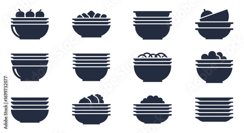 Collection of bowls and plates with food, stacked in various arrangements.