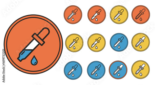 Set of colorful dropper icons in circular frames, suitable for various applications.