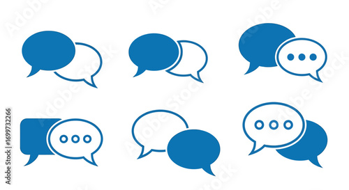 A collection of six blue chat bubble icons representing communication, dialogue, and messaging on a white background.