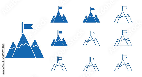 Collection of mountain peak icons with flags, representing achievement and success.