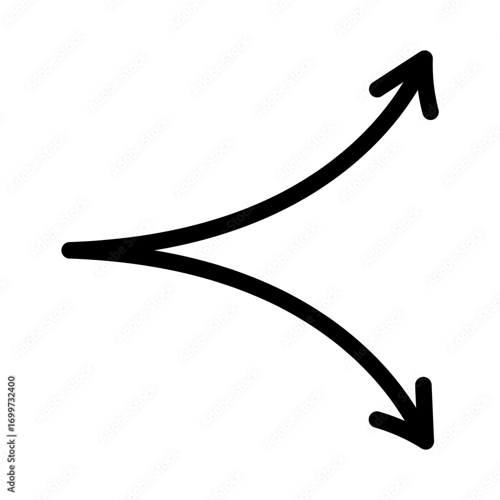 Fototapeta premium Abstract solid black sketch of a forked road with two arrows pointing in different directions, representing divergence and strategy
