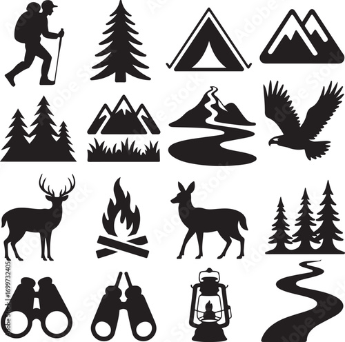 Outdoor adventure and nature silhouette icons hiker backpacker