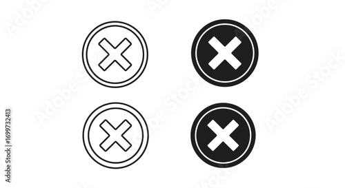 Four circular icons featuring a white 'X' symbol, two outlined and two filled with black.