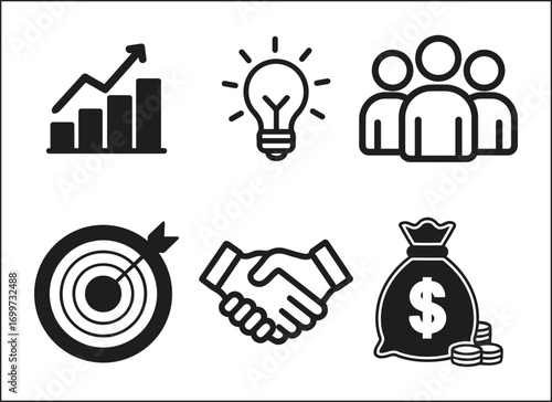 Business and office icon set featuring growth finance teamwork target deal and money bag symbols