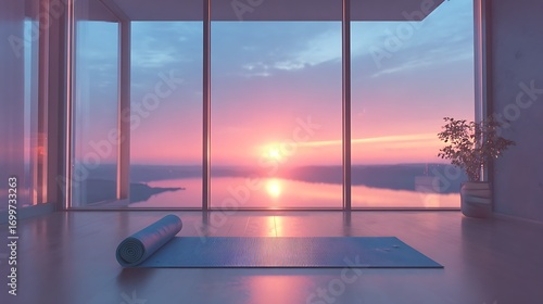 Calm room with yoga mat, showcasing stunning sunset through glas