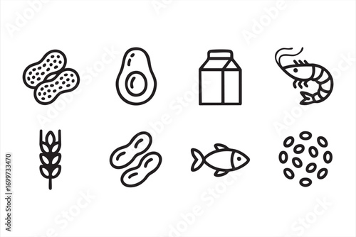Food Allergy Icon Set Featuring Peanuts, Milk, Shrimp, Wheat, and Fish
