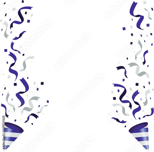 This party cracker set is perfect for a festive celebration. It contains confetti, ribbons, and paper tape, blue, silver, metallic. / パーティークラッカーセット にぎやか お祝い 楽しい 華やか 紙吹雪 リボン 紙テープ 青 銀 メタリック