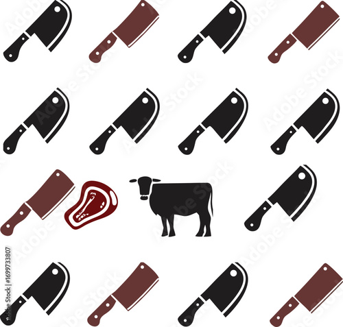 Collection of butcher knives and beef steak icons butcher knife