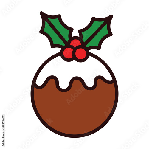A festive cartoon Christmas pudding topped with white icing and a sprig of holly.