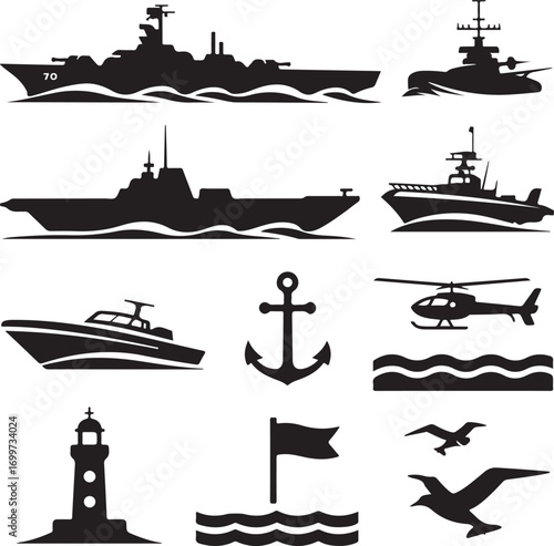 Collection of Nautical and Maritime Silhouettes on White Background Keywords: navy ship, warship