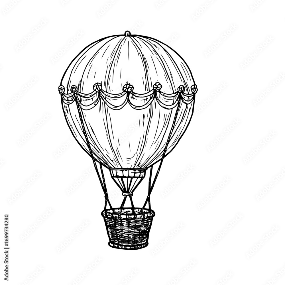 Fototapeta premium Balloon with a wicker basket, black and white ink sketch. Vector illustration. Children's flying toy, isolated on a white background. For postcards, children's books, and textile printing