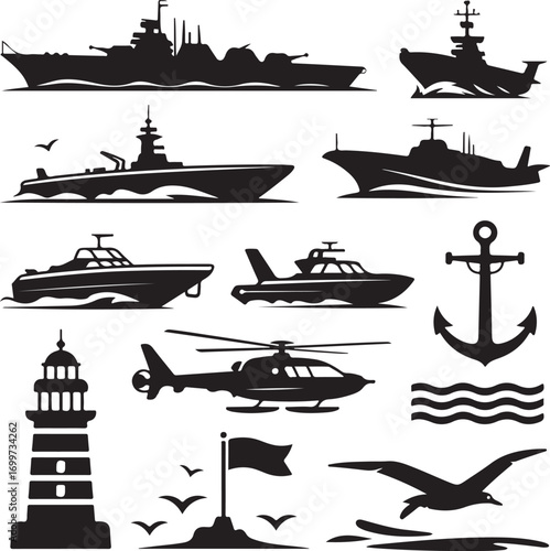 Assorted Nautical and Maritime Silhouettes on White Background Keywords: navy ship, warship