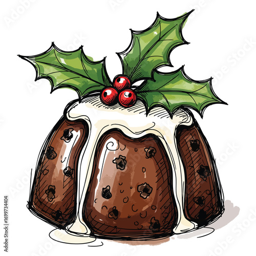 A festive handdrawn Christmas pudding topped with creamy white icing and a sprig of holly.