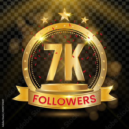 7K Followers Logotype with Gold and red Confetti Isolated on Black Background, Vector Design for Greeting Card and Social Media.