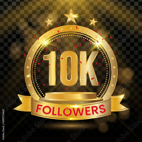 10K Followers Logotype with Gold and red Confetti Isolated on Black Background, Vector Design for Greeting Card and Social Media.