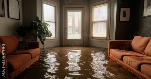 Flooded Living Room with Water Covering Floor and Natural Light