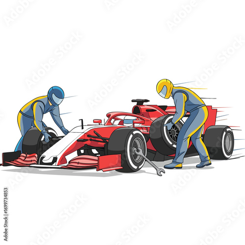 A pit crew in colorful helmets and suits servicing a red and white Formula 1 racing car during a fast pit stop.
