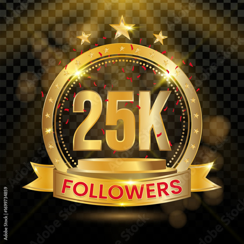 25K Followers Logotype with Gold and red Confetti Isolated on Black Background, Vector Design for Greeting Card and Social Media.