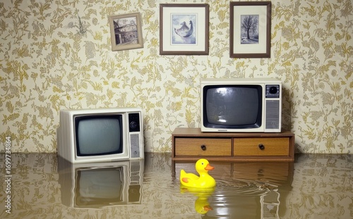 Vintage Television with Rubber Duck in Submerged Living Room Scene