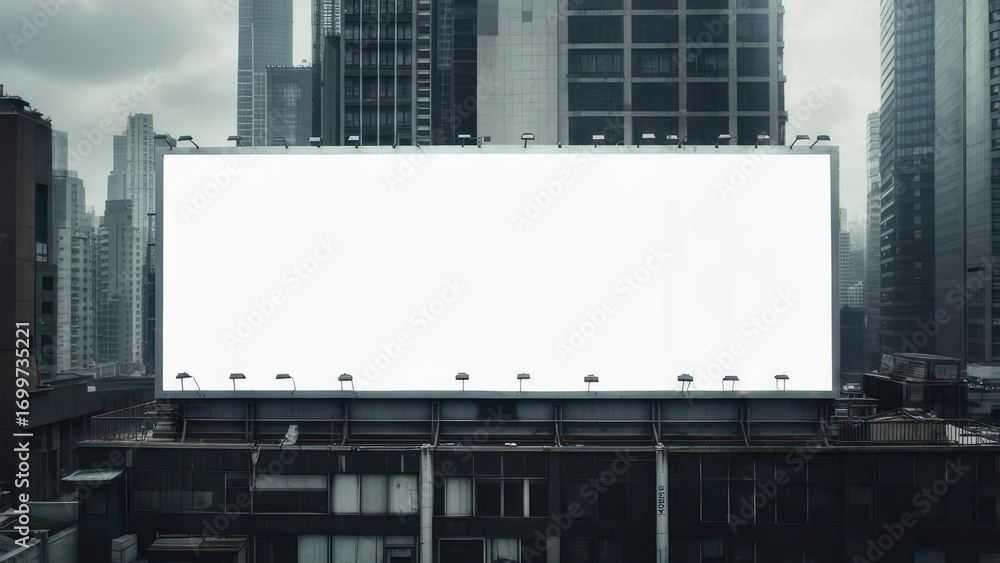 Obraz premium Blank White Billboard Mockup on Urban Rooftop Against Overcast City Skyline
