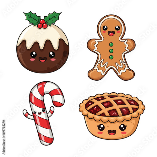 A set of cute kawaii Christmas food characters including pudding gingerbread man candy cane and pie.