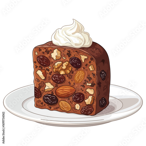 An illustrated slice of rich dark fruitcake filled with nuts and raisins topped with a dollop of whipped cream.