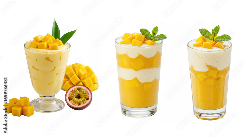 Fototapeta premium Three glasses of mango smoothie with mango pieces isolated on transparent background