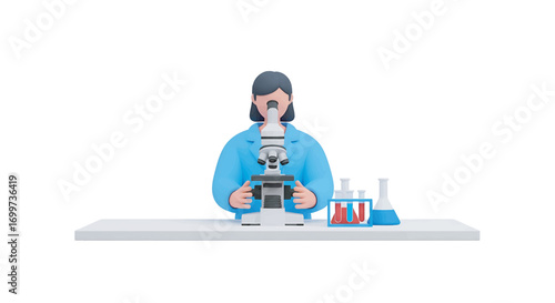Scientist examines sample through microscope in laboratory, conducting research and analysis with test tubes nearby, showcasing scientific discovery.