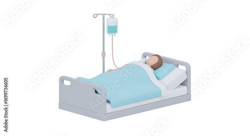 Patient resting in hospital bed connected to IV drip, receiving treatment and care for recovery from illness in a clean, modern environment.
