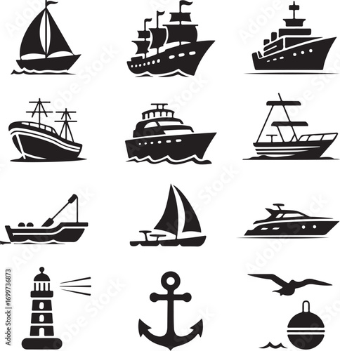 Collection of Nautical and Maritime Vessel Silhouettes on White sailboat yacht