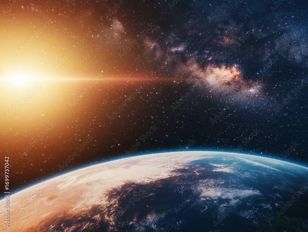 Obraz premium Stunning View of Earth from Space with Glowing Sun and Stars